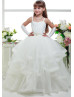 Spaghetti Straps Ivory Satin Tulle Ruffled Flower Girl Dress